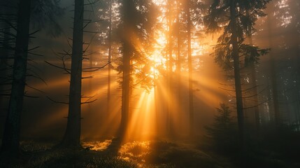 Poster - Sunlight beams through the trees in a misty forest.