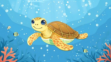 Wall Mural - A cartoon sea turtle swimming through the ocean with bubbles and fish.