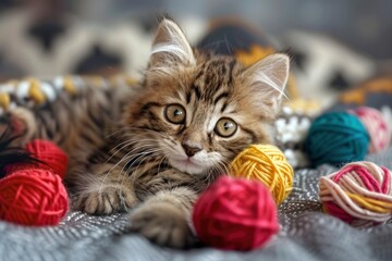 Wall Mural - Cute kitten with colorful wool balls - generative ai