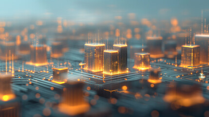 Wall Mural - A cityscape with buildings lit up in orange