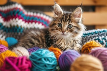 Wall Mural - Cute kitten with colorful wool balls - generative ai