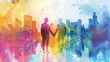 © sommersby - Two figures stand holding hands in front of a city skyline made of colorful watercolor