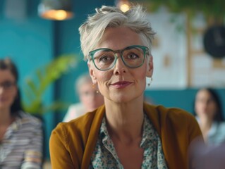 A woman wearing glasses sits at a table, focused on her work