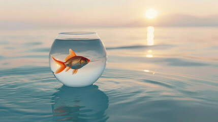 Goldfish in fishbowl floating on serene ocean at sunrise, tranquility and isolation concept