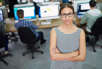 Leinwandbilder - Portrait, arms crossed and woman with smile, proud and vision for startup, coworking and internship. Creative, graphic designer and girl with confidence, glasses and happy with screen of computer