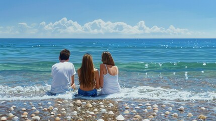 Couple discovering seashells on a quiet shore, gentle waves, serene setting, captured in photorealistic detail