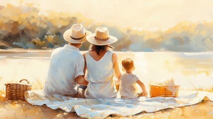 Family enjoying a peaceful recess at a lakeside picnic, sitting on a blanket with gentle waves lapping the shore, golden hour light, Realistic, Vibrant colors, High detail, Tranquil lakeside setting