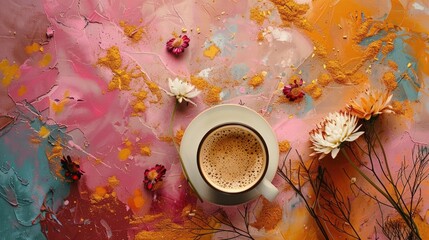 Canvas Print - Beautiful and warm atmosphere created by colorful background with dried flowers and coffee suitable for text input as a background