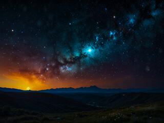 Wall Mural - the sunset and cluster of stars each with its own nebula in a fascinating mix of colors and shapes a