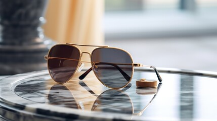 Photograph of a pair of designer sunglasses and a sleek necktie arranged on a white marble table in a luxurious, empty room