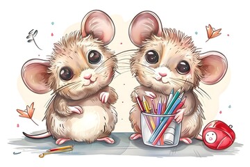 Wall Mural - Adorable Mice Surrounded by Colorful School Supplies on a Blank Background  Suitable for Sticker Design or Shirt Print