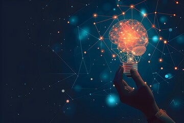 Wall Mural - businessman holding a light bulb with a brain hologram and digital network on a dark background, dep