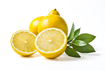 Poster - Closeup of Lemons and Green Leaves on White Background