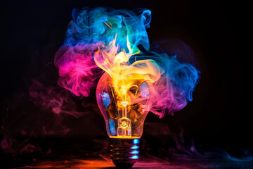 Creative light bulb explodes with colorful paint and colors. New idea, brainstorming concept