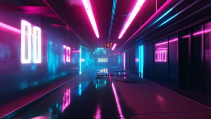 Wall Mural - 3D render of a neon-lit futuristic alley with reflections on the wet ground and digital signs