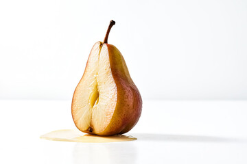 Canvas Print - Juicy Pear Half with Dripping Juice on White Background