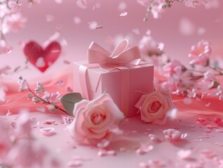 A pink gift box sits atop a bed of fresh flowers, perfect for occasions such as birthdays or anniversaries