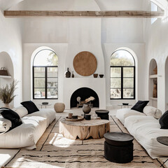 Wall Mural - Modern Minimalist Living Room Interior Design with White Sofa and Natural Wood Coffee Table.