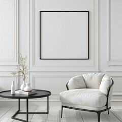 Poster - Minimalist Living Room Interior with White Armchair and Blank Frame.