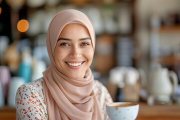 Canvas Print - Elegant hijab-clad lady with a radiant smile, enjoying a quiet moment with a cup of coffee, surrounded by rustic cafe decor