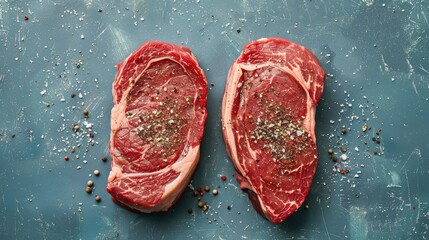 Wall Mural - Top view of two raw angus ribeye steaks with seasonings on blue concrete surface