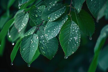 Wall Mural - Leaves with water droplets after rain in nature - generative ai