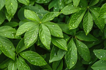 Wall Mural - Leaves with water droplets after rain in nature - generative ai