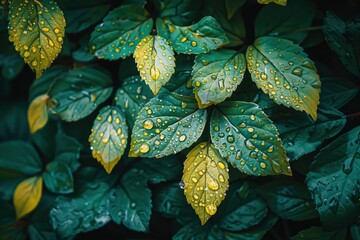 Sticker - Leaves with water droplets after rain in nature - generative ai