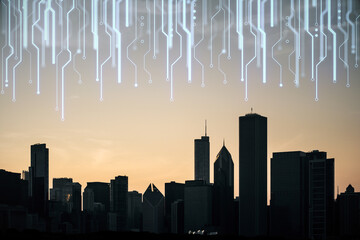 Canvas Print - Modern city skyline with digital circuit pattern above at sunset.