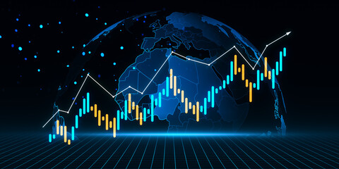 Poster - Forex trading chart with upward trend on digital globe background. 3D Rendering