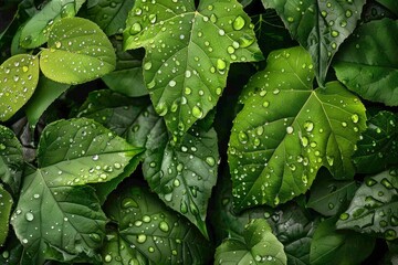 Wall Mural - Leaves with water droplets after rain in nature - generative ai