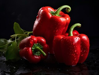 ripe fresh red sweet pepper in drops and splashes of water on a dark background