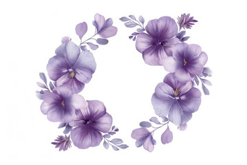 Watercolor floral wreath composed of purple flowers and leaves, isolated on white background. Perfect for invitations and greeting cards.