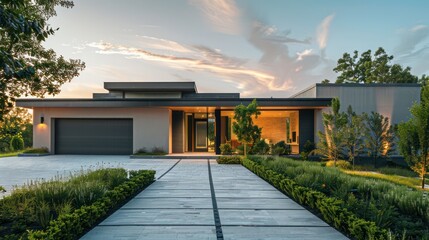 Front view of a sleek suburban home with a minimalist design, featuring a hidden driveway and understated landscaping