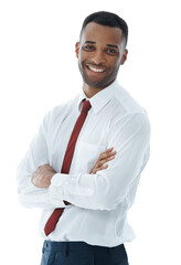 Canvas Print - Crossed arms, lawyer and portrait of happy businessman in studio with attitude, confidence or ambition. Professional, corporate and person with pride for legal career, work or job on white background