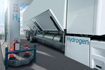 Sticker - A hydrogen fuel cell semi truck with H2 gas cylinder onboard next to filling station. Eco-friendly commercial vehicle concept.