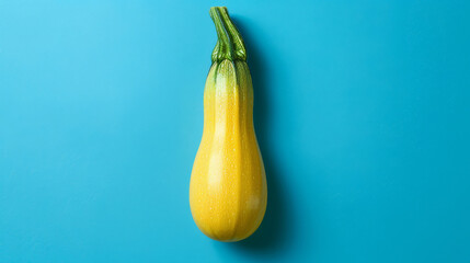 Wall Mural - Yellow zucchini on blue background, studio shot. Fresh vegetable and healthy eating concept