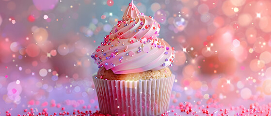 A beautifully decorated cupcake with pink frosting and colorful sprinkles on a dreamy, glittery background.