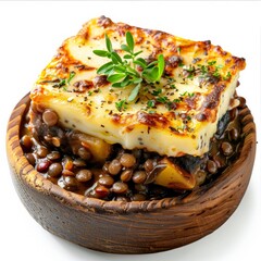 Wall Mural - Lentil Moussaka served in a wooden bowl, garnished with fresh herbs