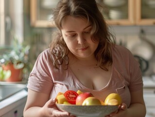 A person holds a bowl of fruit in a kitchen setting