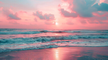 Poster - Pink Sunset Over Ocean Waves.