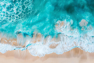 Poster - Aerial View of Ocean Waves Crashing on Sandy Beach.