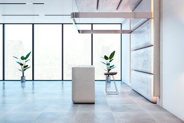 Wall Mural - A modern, minimalistic office lobby with large windows, a desk and potted plants, on a cityscape background, concept of corporate luxury. 3D Rendering