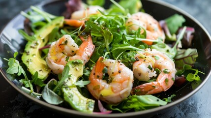 Wall Mural - A seafood salad with mixed greens, shrimp, avocado, and citrus dressing