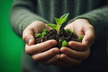 Young plant with fresh green leaves held in cupped hand highlighting connection with nature and growth