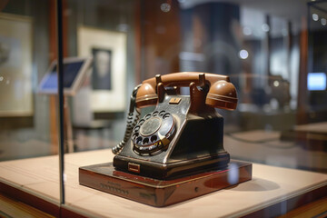 Vintage rotary phone displayed alongside modern smartphone in elegant museum setting