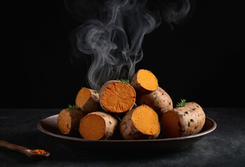 Boiled hot yams, steamed potatoes in a black bowl and butter served on a wooden table ready to eat. Generative AI