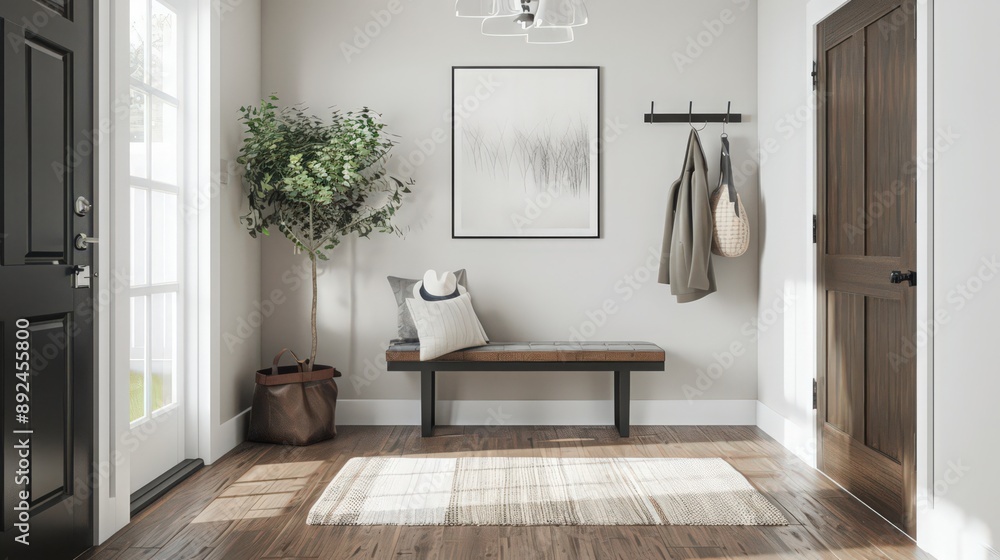 A minimalist entryway with functional storage solutions, a simple bench ...