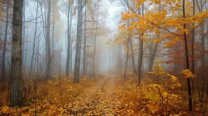 Canvas Print - a forest with trees covered in yellow leaves. the leaves are falling and the sky is cloudy
