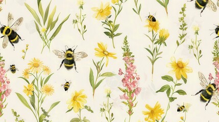 A pattern of buzzing bees among blooming wildflowers, capturing the lively spirit of springtime gardens